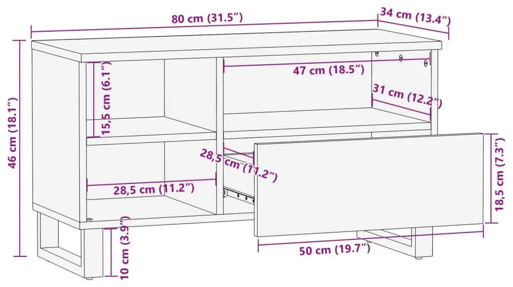 Έπιπλο Τηλεόρασης 80x34x46 εκ. από Μασίφ Ξύλο Ακακίας - Καφέ