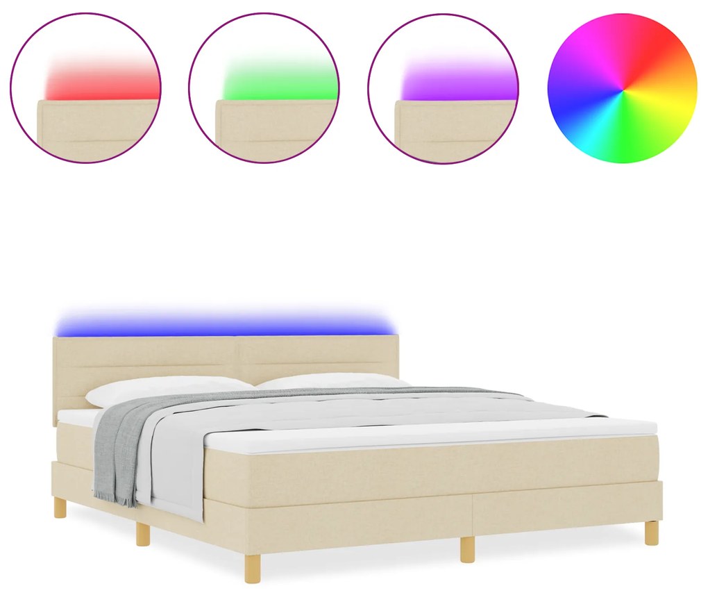 vidaXL Κρεβάτι Box Spring με Στρώμα & LED Κρεμ 180x200 εκ. Ύφασμα