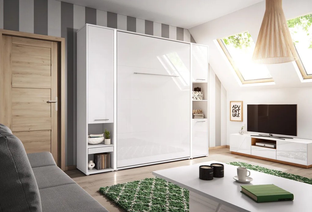 Κρεβάτι - ντουλάπα Concept Pro Lenart AH109, Διπλό, Άσπρο, 140x200, Πλαστικοποιημένη μοριοσανίδα, Τάβλες για Κρεβάτι, 155x237x217cm | Epipla1.gr