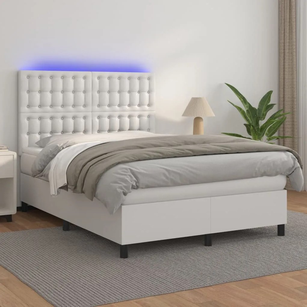 Κρεβάτι Boxspring με Στρώμα &amp; LED Λευκό 140x190 εκ. Συνθ. Δέρμα