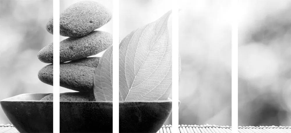 Εικόνα 5 μερών Πέτρες Ζεν και φύλλο σε μπολ σε ασπρόμαυρο - 100x50