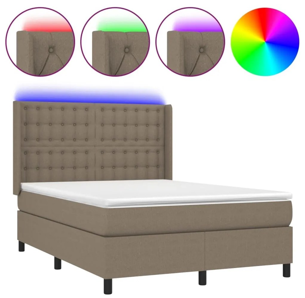 Κρεβάτι Boxspring με Στρώμα &amp; LED Taupe 140x190 εκ. Υφασμάτινο - Μπεζ-Γκρι