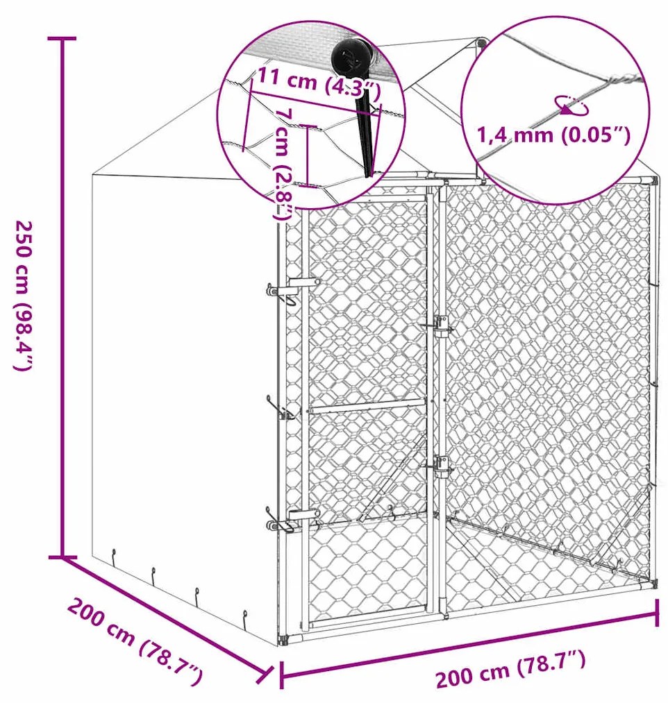 vidaXL Κλουβί Σκύλου Εξ. Χώρου με Οροφή Ασημί 2x2x2,5 μ. Γαλβ. Ατσάλι