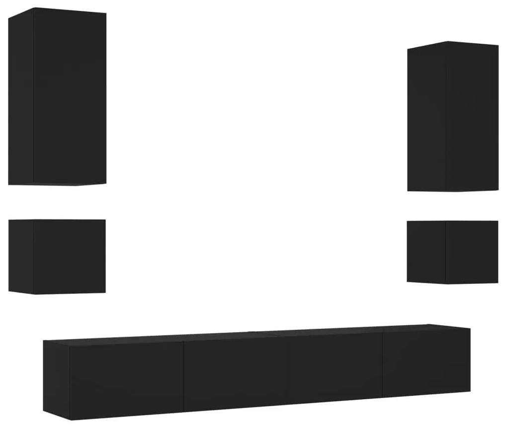 Ντουλάπια Τηλεόρασης Τοίχου 6 Τεμ. με Φώτα LED Μαύρα - Μαύρο