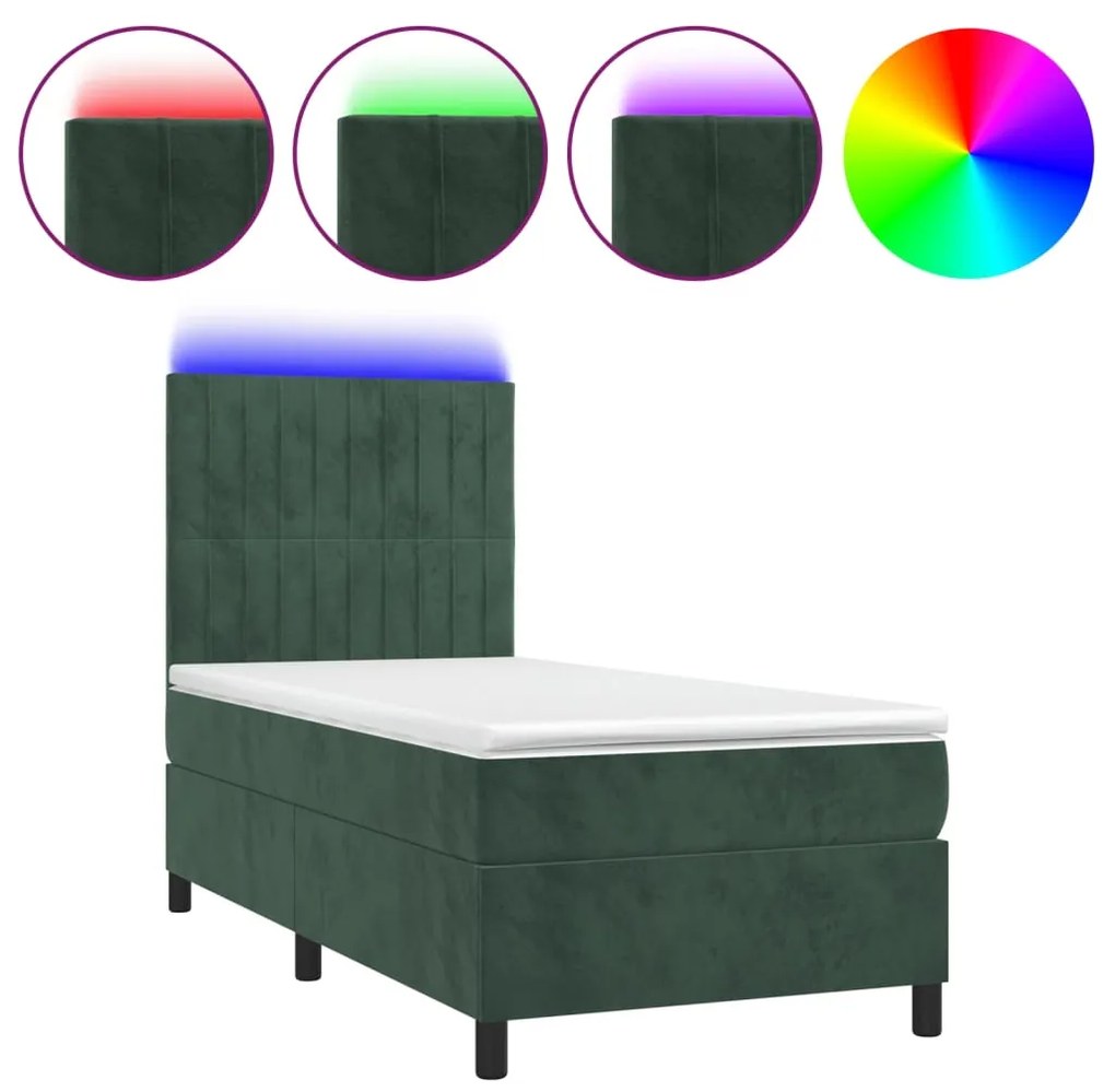 Κρεβάτι Boxspring με Στρώμα &amp; LED Σκ. Πράσινο 90x190 εκ Βελούδο - Πράσινο