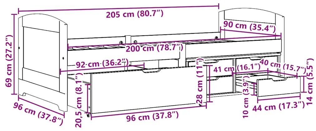 Κρεβάτι ημέρας 5 συρτάρια χωρίς στρώμα IRUN Λευκό&amp;Ροζ 90x200cm 3314683