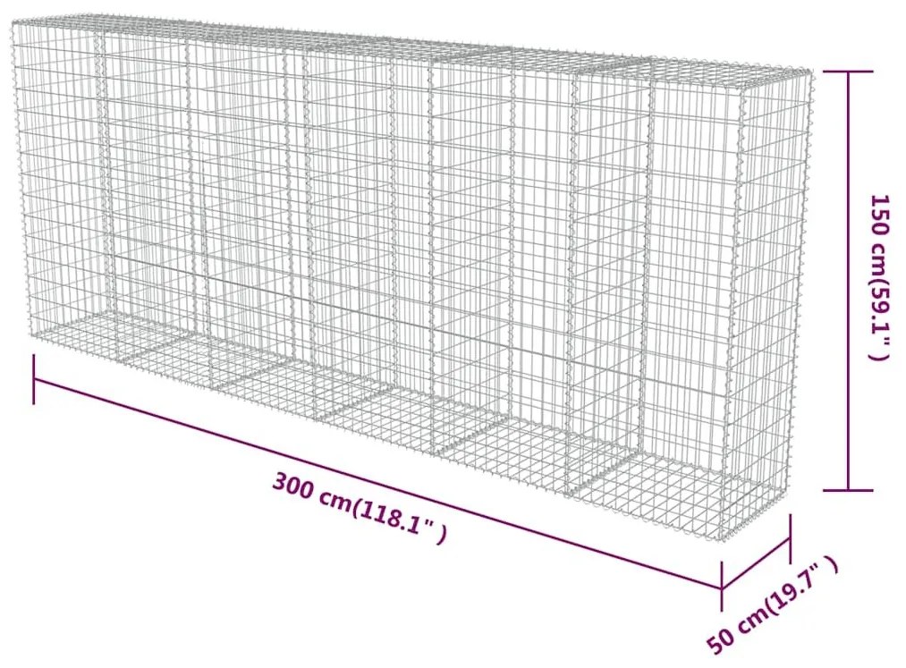 Συρματοκιβώτιο Τοίχος 300x50x150 εκ. Γαλβαν.Χάλυβας + Καλύμματα - Ασήμι