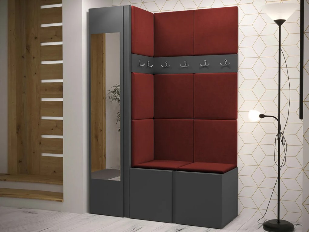 Σετ διαδρόμου Hartford 277, 186x124x46cm, 66 kg, Καθρέφτης, Γραφίτης, Κόκκινο, Ταπισερί, Πλαστικοποιημένη μοριοσανίδα, Τοίχου, Εντοιχισμένη