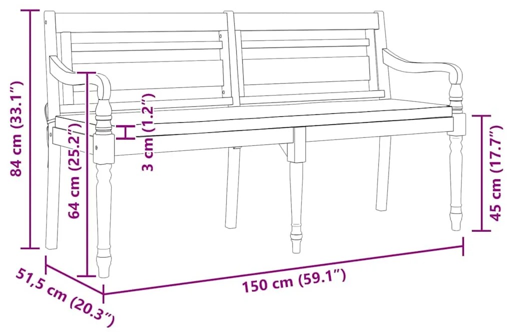 vidaXL Παγκάκι Batavia 150 εκ. από Μασίφ Ξύλο Teak με Μαξιλάρι