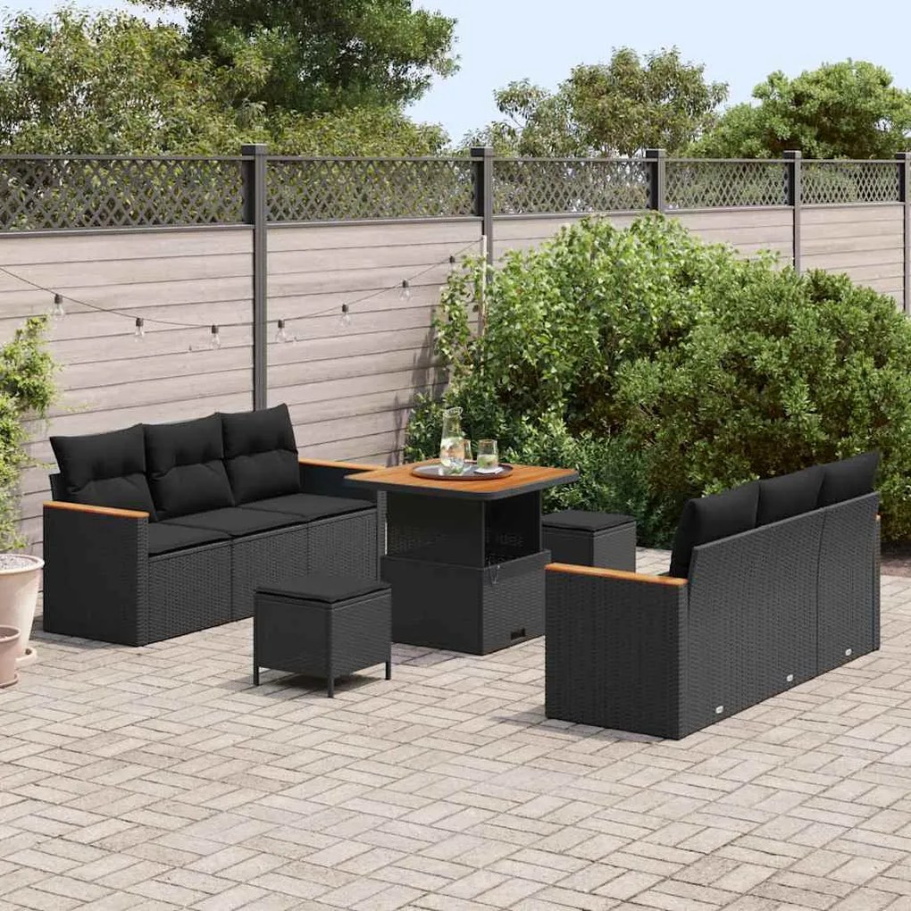vidaXL Σετ Καναπέ Κήπου με μαξιλάρι 9 pcs Μαύρο Πολυ ράταν