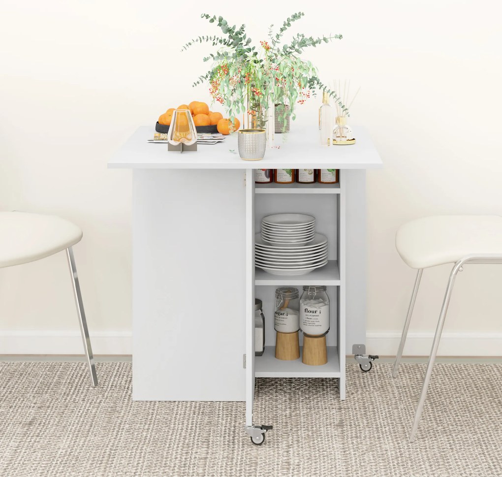 HOMCOM Πτυσσόμενο τραπέζι τραπεζαρίας για 2-4 άτομα, πτυσσόμενο τραπέζι κουζίνας με αποθηκευτικό χώρο, επεκτεινόμενο τραπέζι με ροδάκια, Λευκό