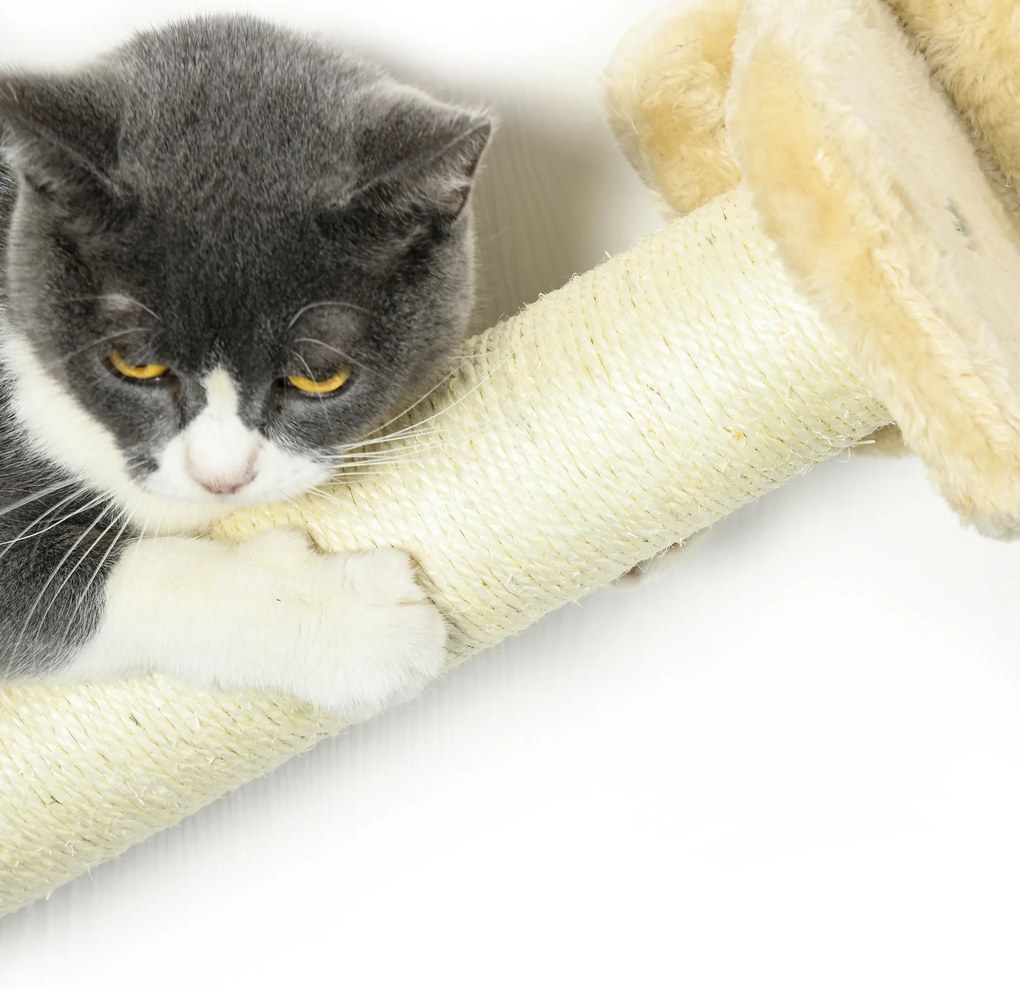 PawHut Σκάλα για γάτες, Σετ 5 τεμαχίων, 2 στύλοι ξυσίματος, 2 πλατφόρμες με βελούδινη επένδυση, Αιώρα, Μπεζ