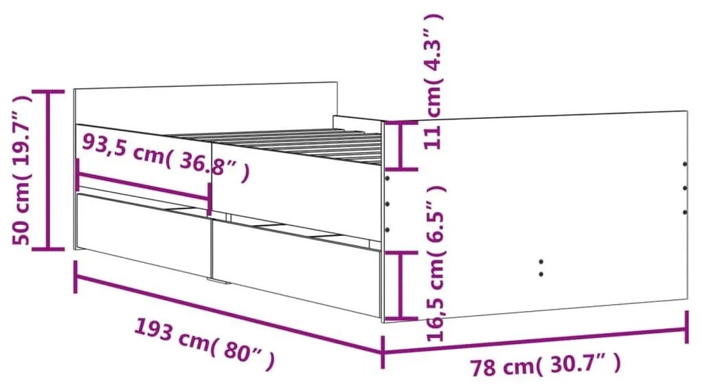 Πλαίσιο Κρεβατιού Με Συρτάρια Γκρι Sonoma 75x190εκ Small Single - Γκρι