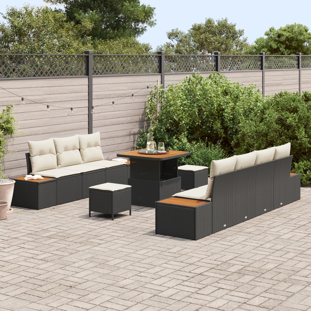 vidaXL Σετ Κήπου 10 Τεμαχίων με Μαξιλάρια Μαύρο, Poly Rattan, Acacia