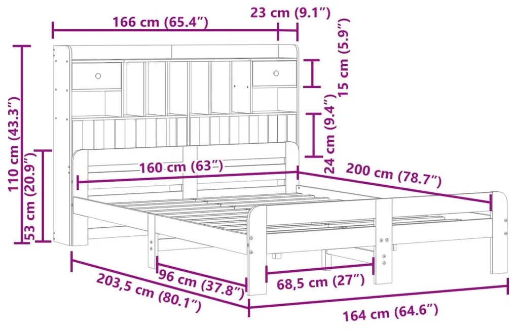 Κρεβάτι Βιβλιοθήκη Χωρίς Στρώμα 160x200 εκ Μασίφ Ξύλο Πεύκου - Καφέ