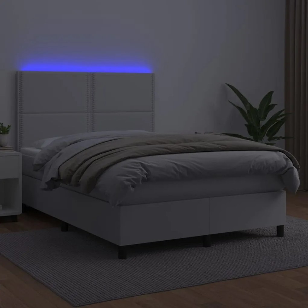 Κρεβάτι Boxspring με Στρώμα &amp; LED Λευκό 140x200 εκ. Συνθ. Δέρμα - Λευκό