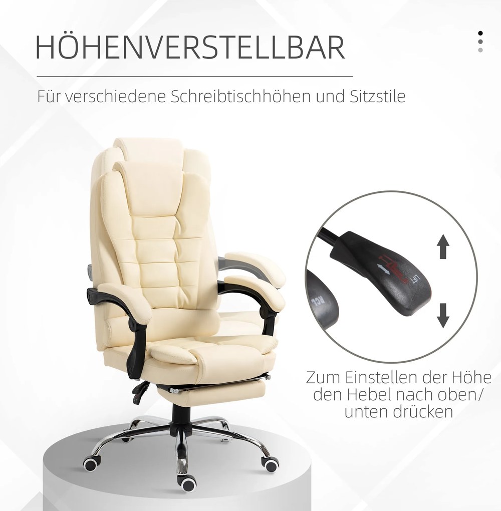 HOMCOM Καρέκλα γραφείου με υποπόδιο, καρέκλα γραφείου, ρυθμιζόμενη πλάτη, ρυθμιζόμενο ύψος, Κρεμ + Μαύρο + Ασημί