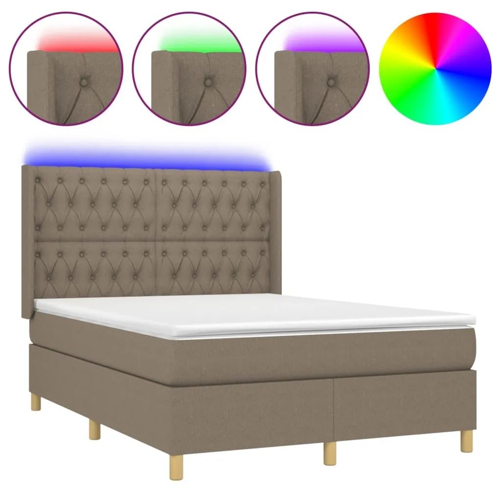 Κρεβάτι Boxspring με Στρώμα &amp; LED Taupe 140x190 εκ. Υφασμάτινο - Μπεζ-Γκρι