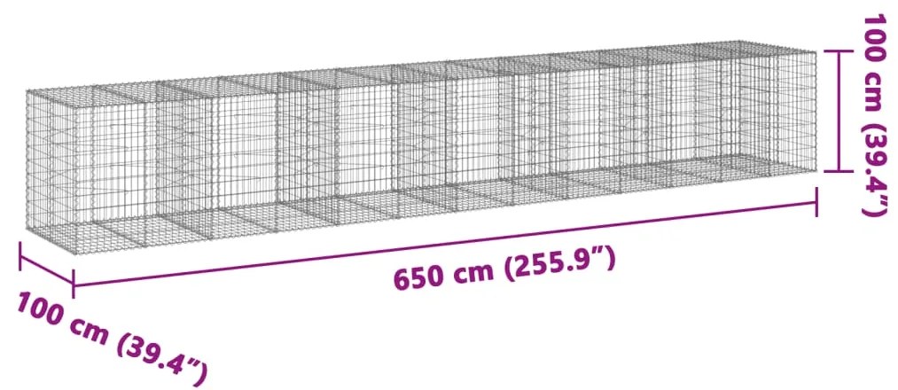 Συρματοκιβώτιο με Κάλυμμα 650x100x100εκ από Γαλβανισμένο Χάλυβα - Ασήμι