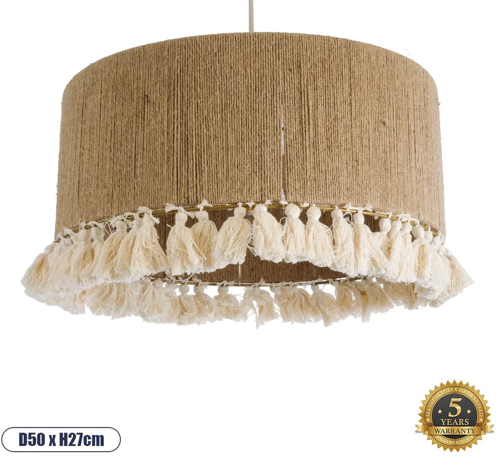 02094 GloboStar®  PUERTORICO 02094 Boho Κρεμαστό Φωτιστικό Καπέλο Μονόφωτο 1 x E27 IP20 Μπεζ &amp; Λευκό Σχοινί - Μ50 x Π50 x Υ27cm