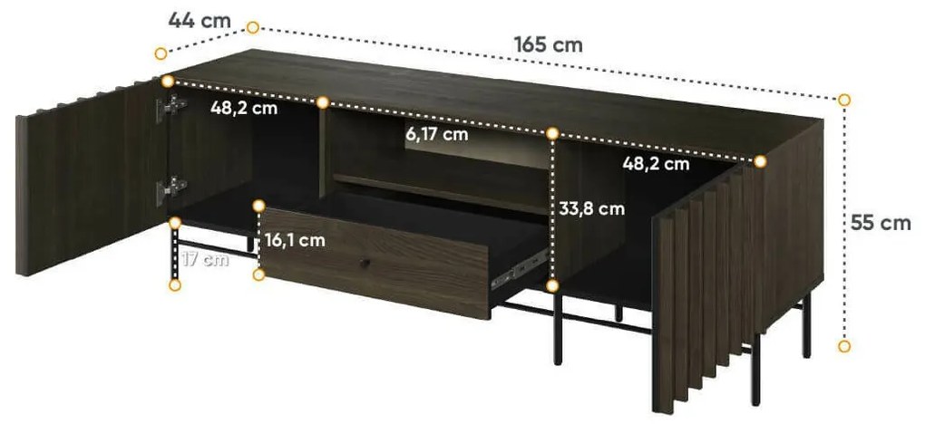 Τραπέζι Tv Fresno AK102, Σκούρο καφέ, Μαύρο, Ο αριθμός των θυρών: 2, Αριθμός συρταριών: 1, 165x55x44cm, 41 kg | Epipla1.gr