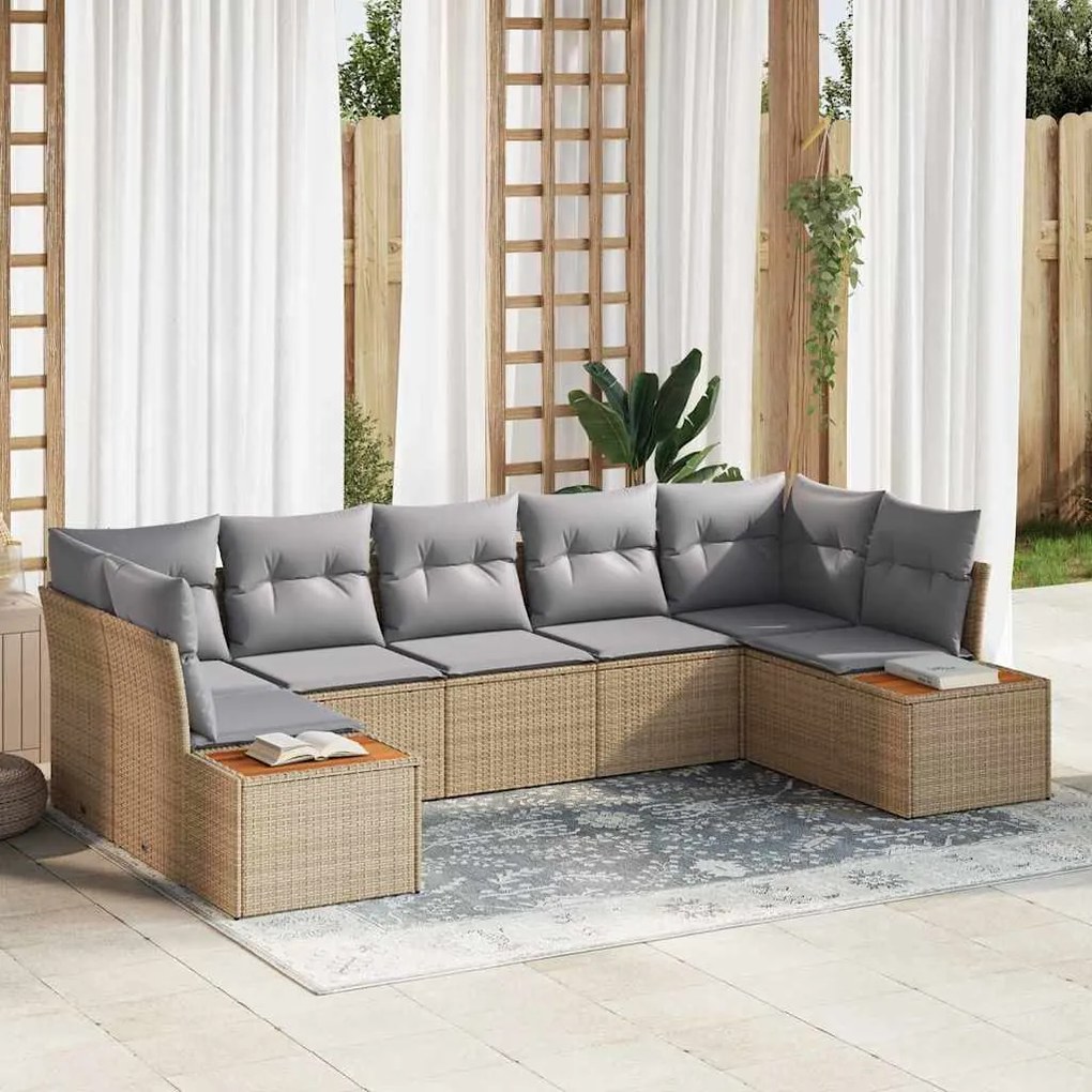 vidaXL Σετ Καναπέ Κήπου με μαξιλάρι 7 pcs Μπεζ Πολυ ράταν
