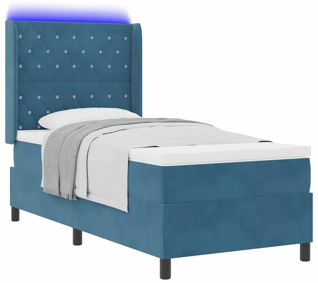 vidaXL Κρεβάτι Box Spring LED με Στρώμα Μπλε 90 x 200 cm Βελούδο