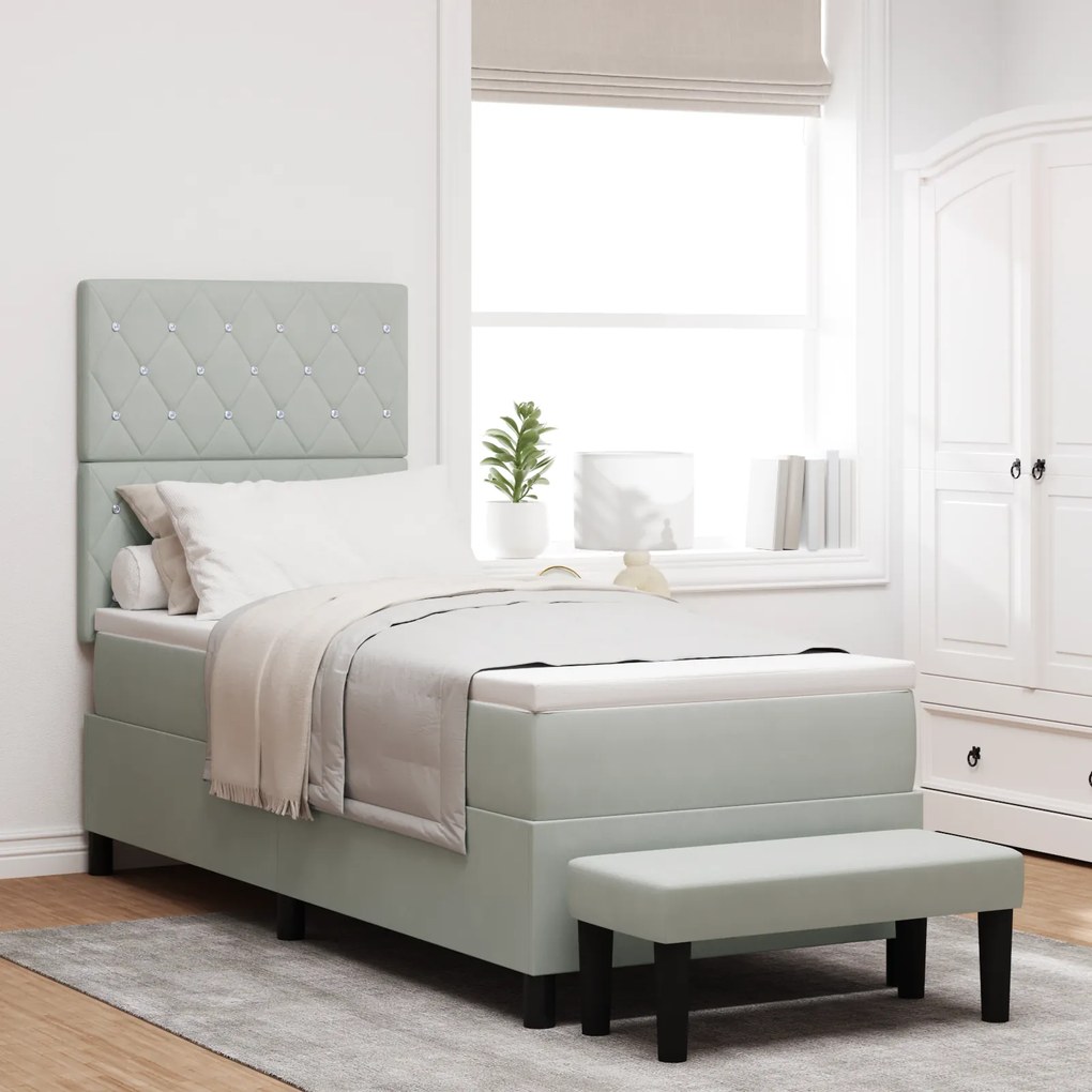 vidaXL Κρεβάτι Box Spring με Στρώμα & Παγκάκι Ανοιχτό Γκρι 80x200 εκ Βελούδο