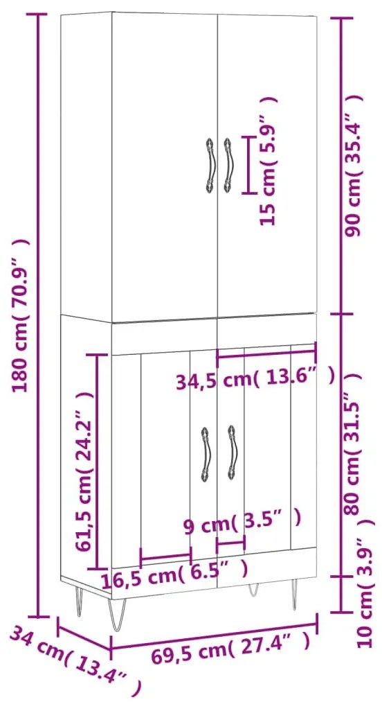 Ντουλάπι Γκρι Sonoma 69,5 x 34 x 180 εκ. Επεξεργασμένο Ξύλο - Γκρι