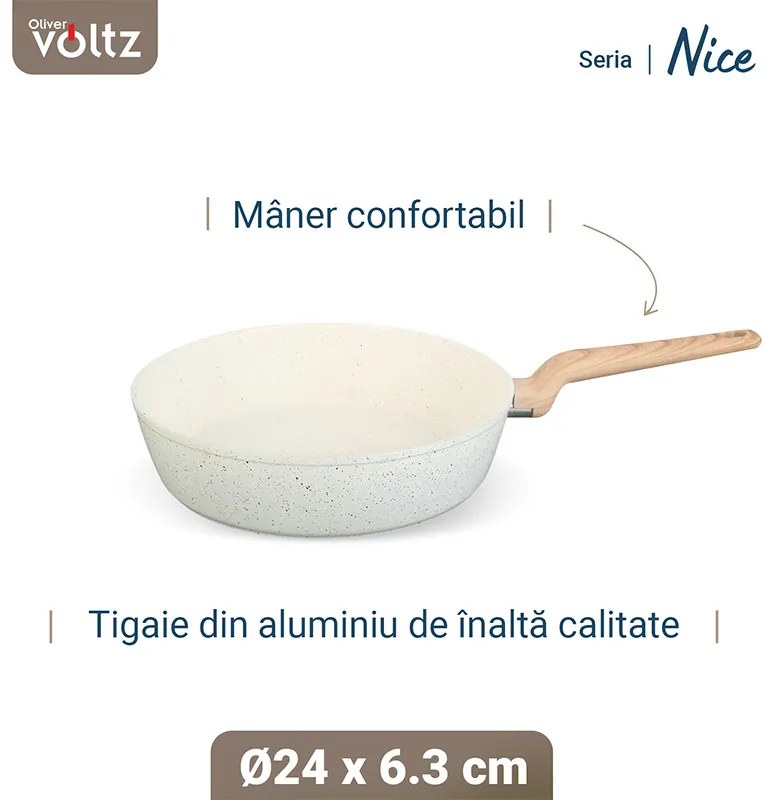 Βαθύ τηγάνι Voltz Nice OV54419E24D, 24x6.3 cm, Μαρμάρινο φινίρισμα, Επαγωγή, Κρέμα μελανζέ