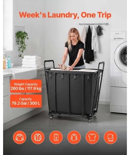 VEVOR Laundry Cart, Rolling Grocery Utility Cart with Waterproof Liner & Swivel Wheels, 118 KG Large Load Capacity, Heavy Duty Shopping Basket for Laundry, Shopping, Camping, Grocery, Luggage, Black