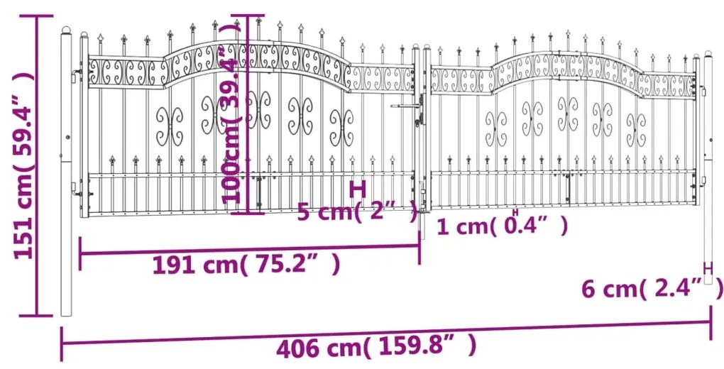 vidaXL Πόρτα Φράχτη με Ακίδες Μαύρη 406x151 εκ. Ατσάλι με Ηλεκτρ. Βαφή