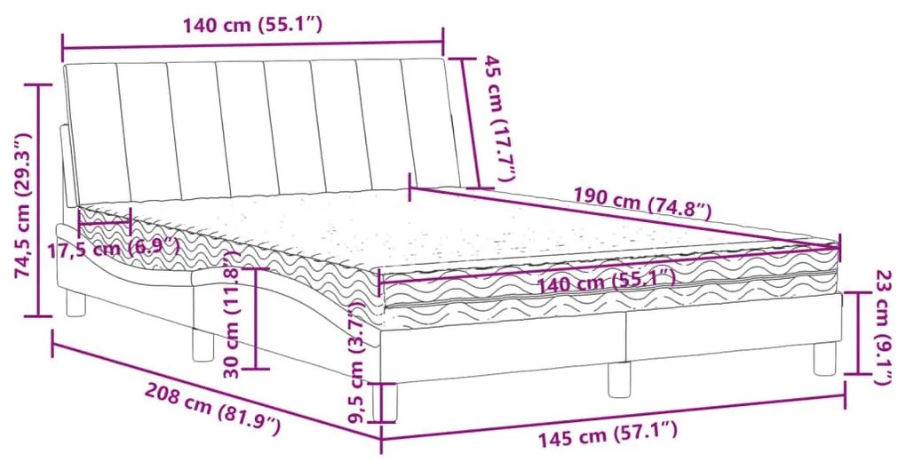 Κρεβάτι με Στρώμα Ανοιχτό Γκρι 140x190 εκ. Βελούδινο - Γκρι