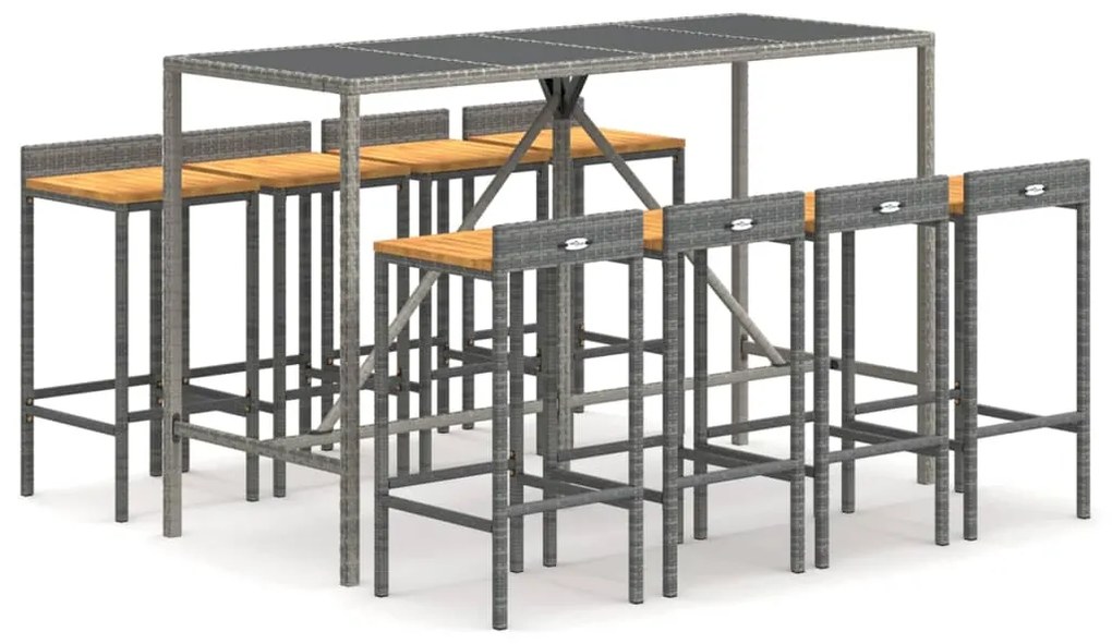 vidaXL Σετ Μπαρ Κήπου 9 Τεμαχίων Γκρι Συνθ. Ρατάν &amp; Μασίφ Ξύλο Ακακίας