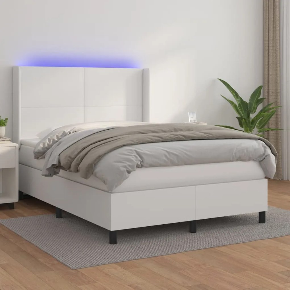 vidaXL Κρεβάτι Boxspring με Στρώμα & LED Λευκό 140x190 εκ. Συνθ. Δέρμα