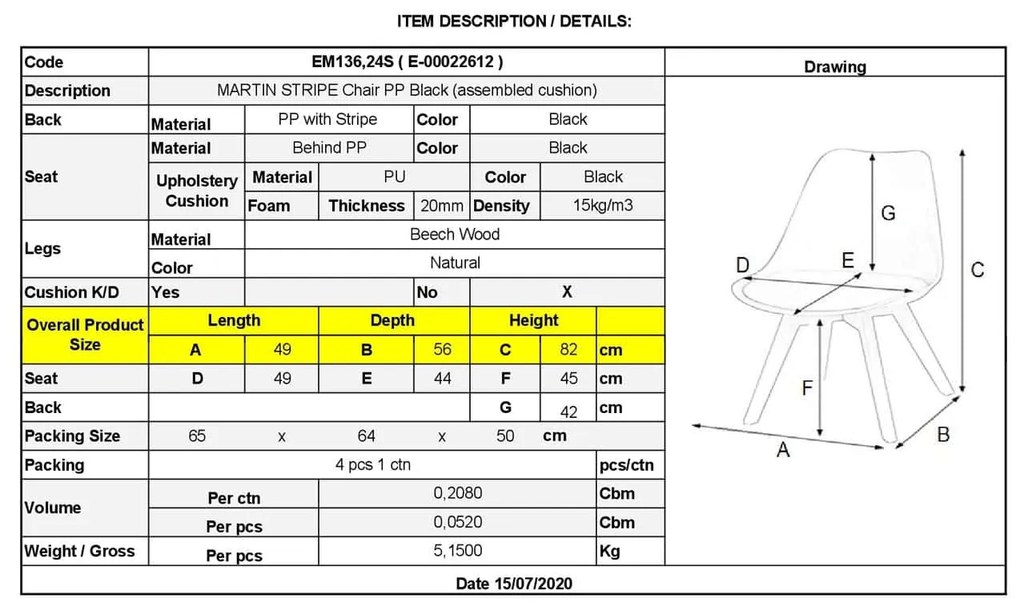 MARTIN STRIPE Καρέκλα Ξύλινο Πόδι, PP Μαύρο 4τμχ