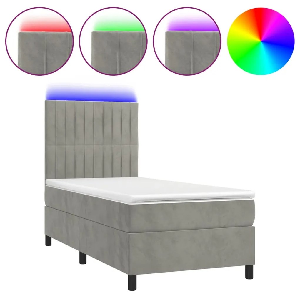 Κρεβάτι Boxspring με Στρώμα &amp; LED Αν.Γκρι 80x200 εκ. Βελούδινο - Γκρι