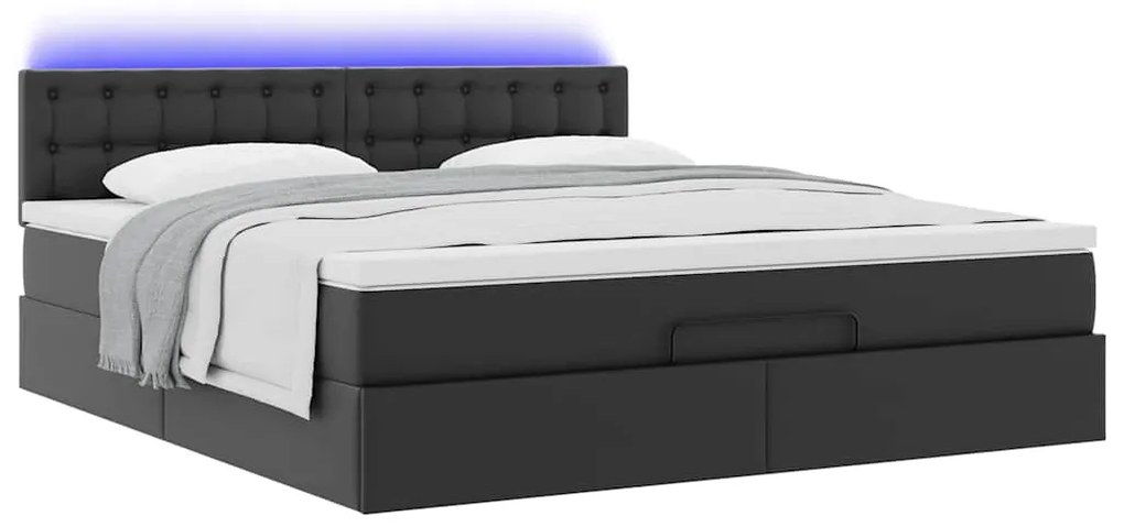 vidaXL Οθωμανικό κρεβάτι με στρώματα &amp; LEDs Μαύρο Faux Leather