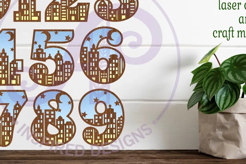 Σετ των 2 Intra απο ξύλο plywood 3mm-4mm πάχος - Σκηνή πόλης αριθμός δύο επιπέδων επιγραφή τοίχου Δίασταση 30x20 cm INTRAFABR-95480115