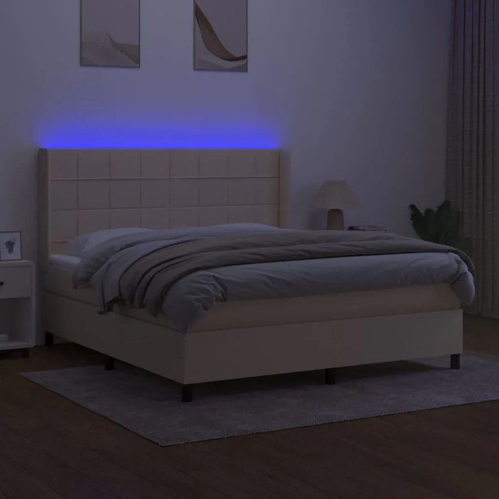 Κρεβάτι Boxspring με Στρώμα &amp; LED Κρεμ 180x200 εκ. Υφασμάτινο - Κρεμ