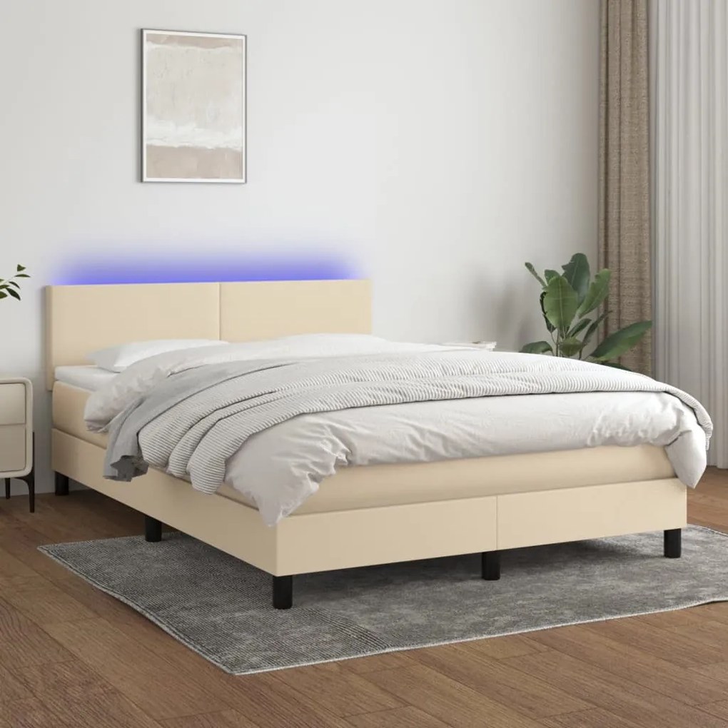 vidaXL Κρεβάτι Boxspring με Στρώμα &amp; LED Κρεμ 140x190 εκ. Υφασμάτινο