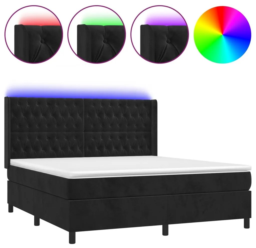 Κρεβάτι Boxspring με Στρώμα &amp; LED Μαύρο 160x200 εκ. Βελούδινο - Μαύρο