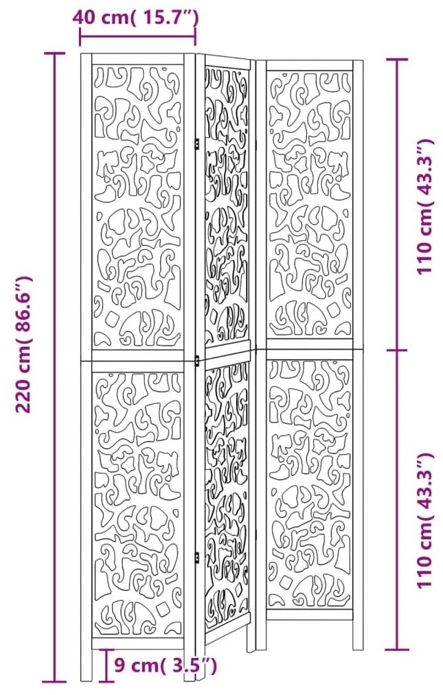 Διαχωριστικό Χώρου με 3 Πάνελ Μαύρο από Μασίφ Ξύλο Παυλώνιας - Μαύρο
