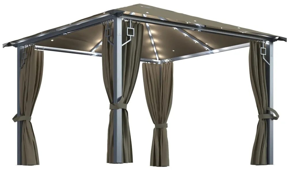 vidaXL Κιόσκι με Κουρτίνα και Φωτάκια LED Taupe 3 x 3 μ. Αλουμινίου