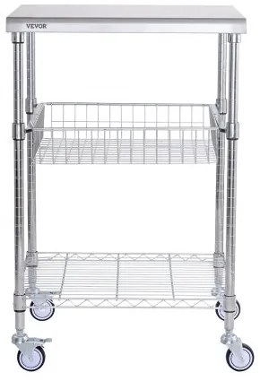 VEVOR Kitchen Utility Cart, 3 Tiers, Wire Rolling Cart with 470LBS Capacity, Steel Service Cart on Wheels, Metal Storage Trolley with 76mm Basket Curved Handle PP Liner 6 Hooks, for Indoor and Outdoor