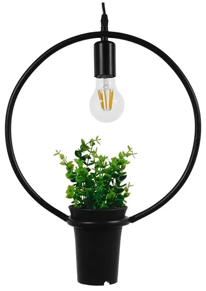 GloboStar FLOWERPOT 10001212 Μοντέρνο Κρεμαστό Φωτιστικό Οροφής Μονόφωτο 1 x E27 Μαύρο Μεταλλικό με Διακοσμητικό Φυτό Φ30 x Y30cm