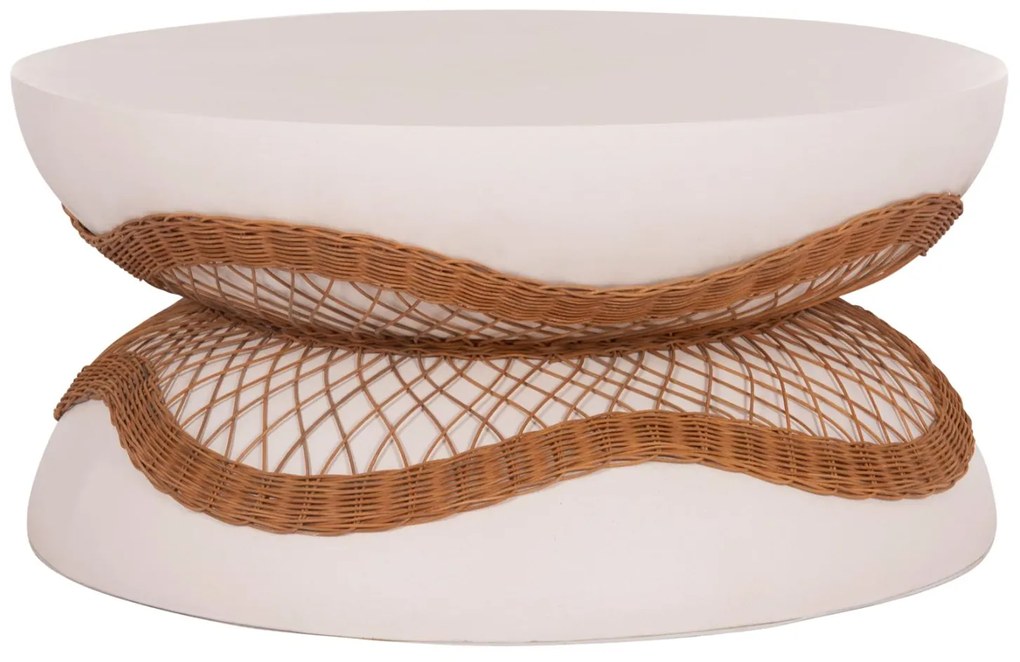 Τραπεζάκι σαλονιού ANNA από Fiber Cement Λευκό & Φυσικό Rattan Φ92x44.5Υεκ. 92x92x44.5 εκ.