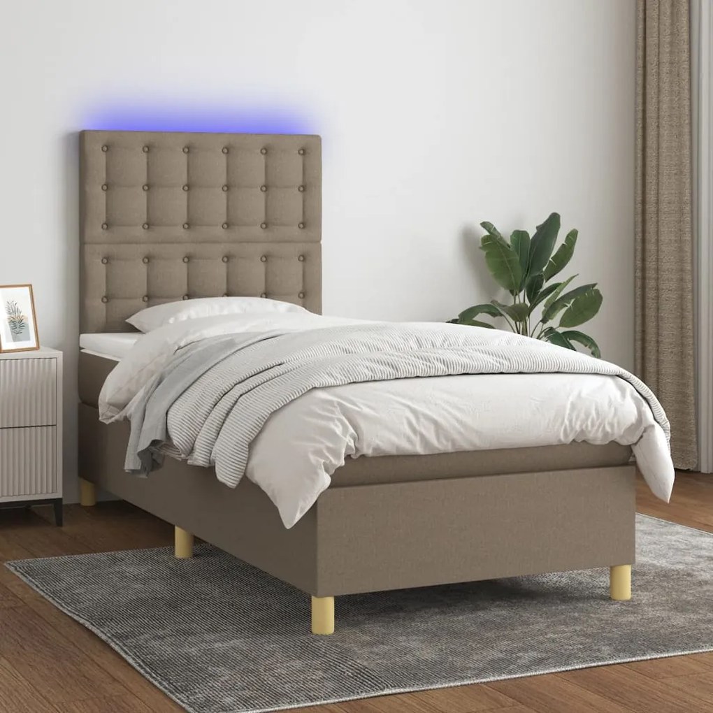 Κρεβάτι Boxspring με Στρώμα &amp; LED Taupe 90x200 εκ. Υφασμάτινο