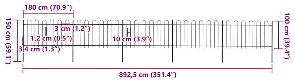 vidaXL Φράχτης Κήπου με Κορυφή από Ατσάλι 892,5 x 100 εκ. Μαύρος