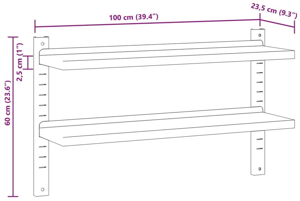 ΡΑΦΙ ΤΟΙΧΟΥ 2 ΕΠΙΠ. ΑΣΗΜΙ 100X23,5X60 ΕΚ. ΑΝΟΞΕΙΔΩΤΟ ΑΤΣΑΛΙ 30311